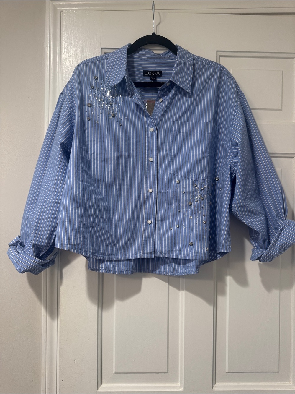 J. Crew Light Blue Striped Sequin-Embellished Button-Down Shirt